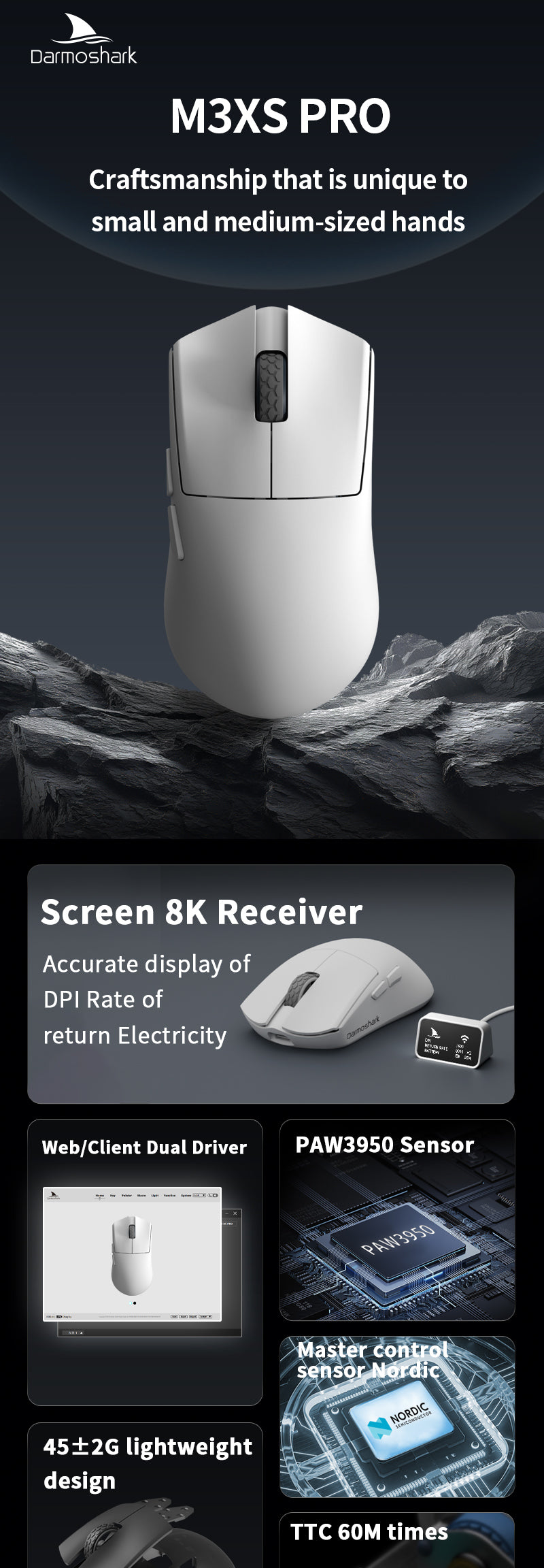 Darmoshark M3XS PRO ghostCat Trio-mode Light-weight 8K Polling rate Ga