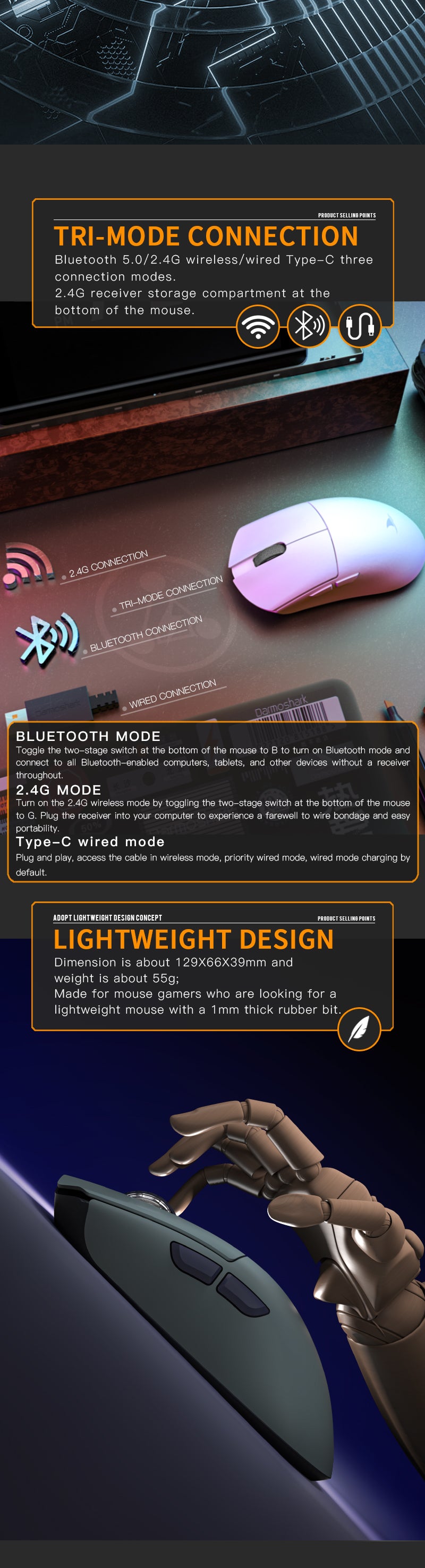 Darmoshark M3 PRO KIRAN Trio-mode Light-weight Gaming Mouse